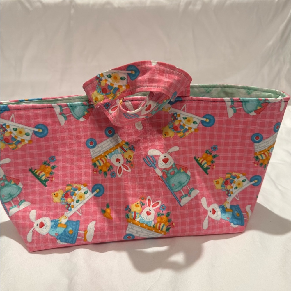 Easter Print Small Tote Bag Pink With Silly Easter Bunny - Handcrafted - NWOT
